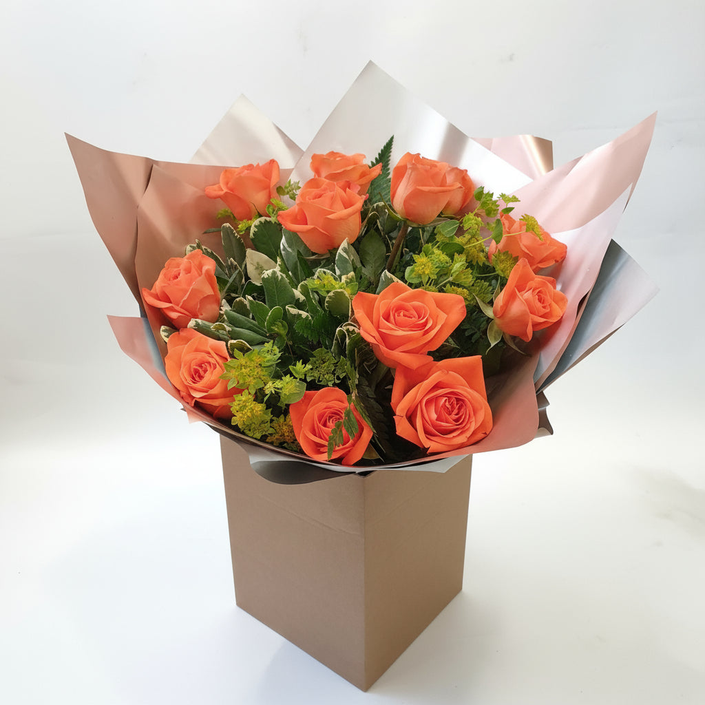 Handtied | Dozen Roses - Orange With Lime
