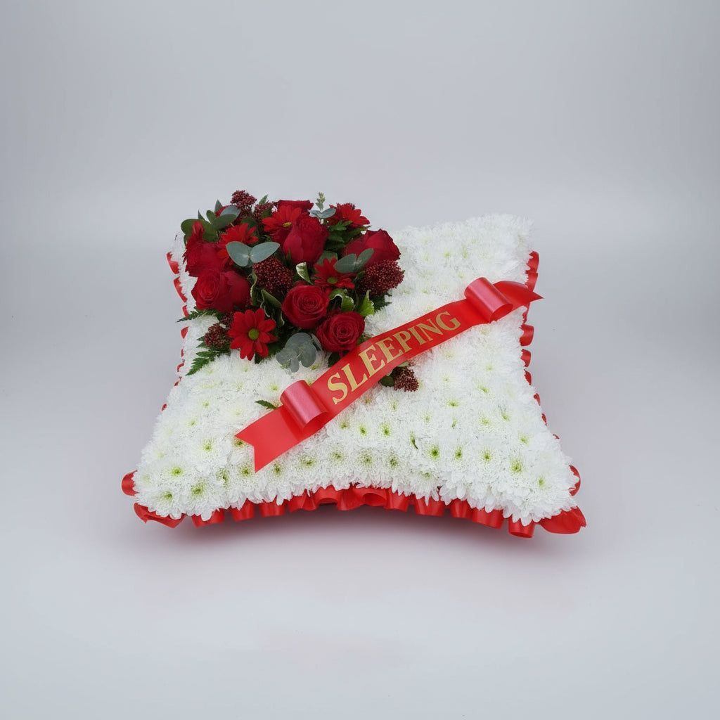 Red Sleeping Floral Cushion Funeral Tribute