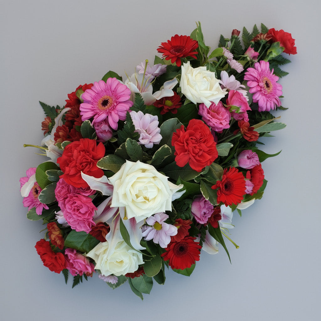 Red, Pink & White Seasonal SprayFuneral Tribute