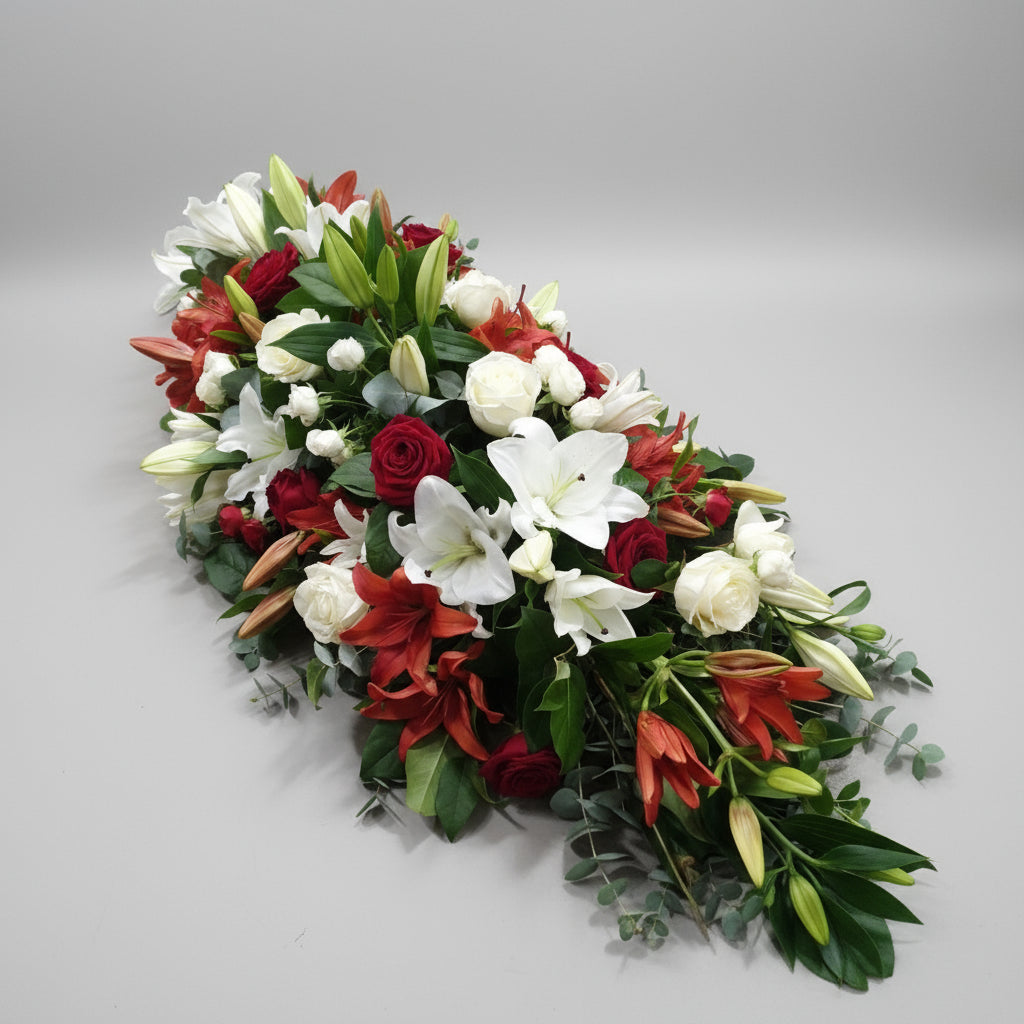 Red & White Rose & Lily Casket Spray Funeral Tribute