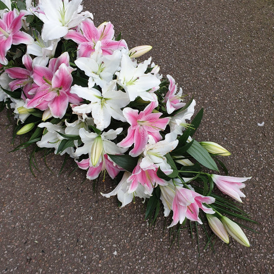 Pink & White Lily Casket Spray Funeral Tribute