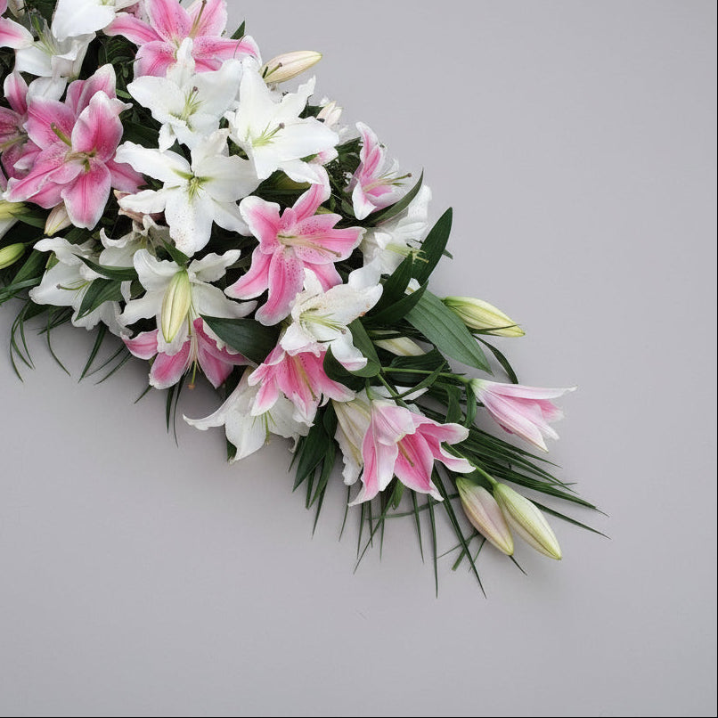 Pink & White Lily Casket Spray Funeral Tribute