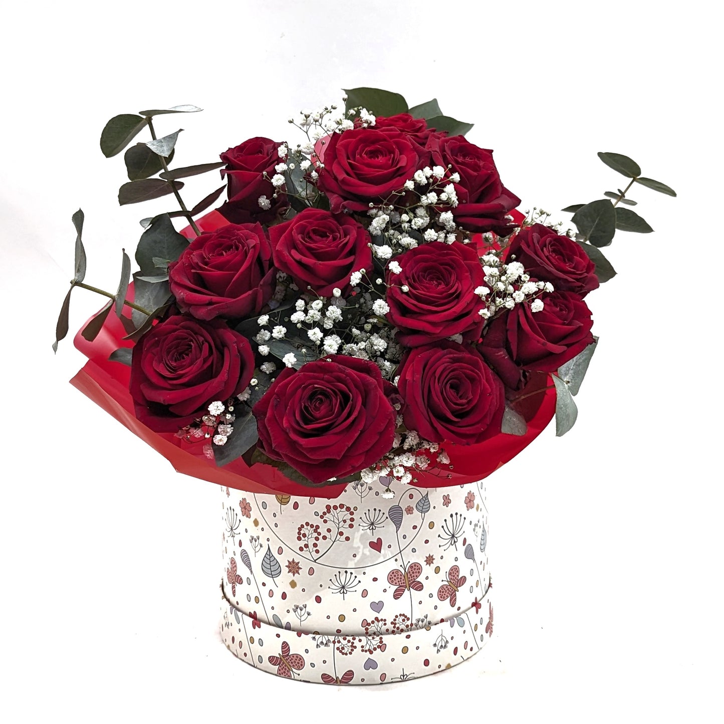 Hat Box | Red Roses & Gypsophila